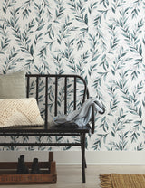 Olive Branch Teal Peel & Stick Wallpaper with Botanical Farmhouse Style - York PSW1002RL