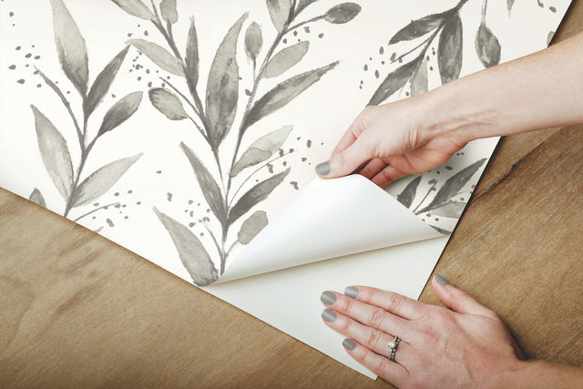 Olive Branch Charcoal Peel & Stick Non Woven Wallpaper with Botanical Olive Motif - York PSW1003RL