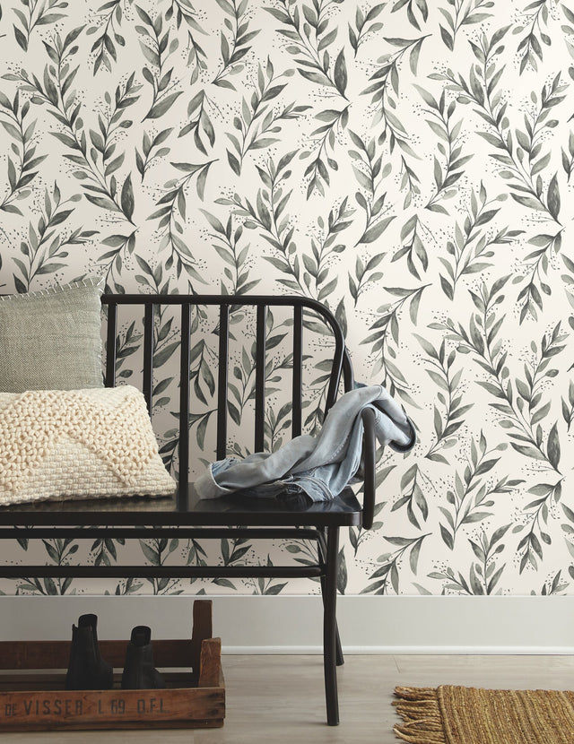 Olive Branch Charcoal Peel & Stick Non Woven Wallpaper with Botanical Olive Motif - York PSW1003RL
