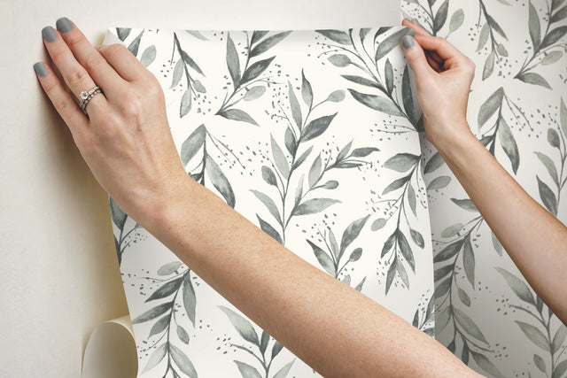 Olive Branch Charcoal Peel & Stick Non Woven Wallpaper with Botanical Olive Motif - York PSW1003RL