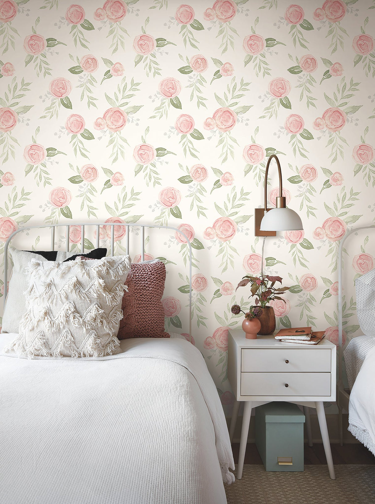Magnolia Home Watercolor Roses Coral Peel & Stick Wallpaper with Botanical Floral Motif - York PSW1013RL