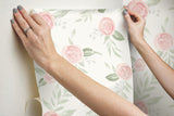Magnolia Home Watercolor Roses Coral Peel & Stick Wallpaper with Botanical Floral Motif - York PSW1013RL