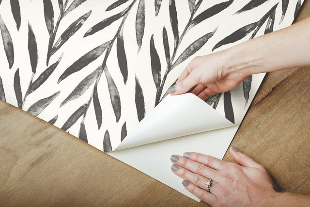 Willow Black Peel & Stick Wallpaper with Botanical Watercolor Leaf Stripe - York PSW1017RL