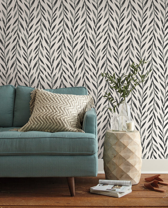 Willow Black Peel & Stick Wallpaper with Botanical Watercolor Leaf Stripe - York PSW1017RL