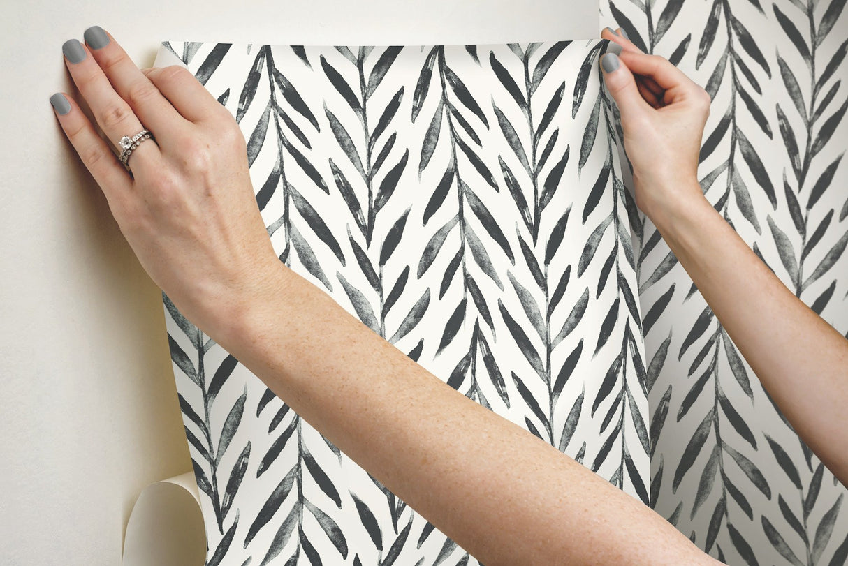 Willow Black Peel & Stick Wallpaper with Botanical Watercolor Leaf Stripe - York PSW1017RL