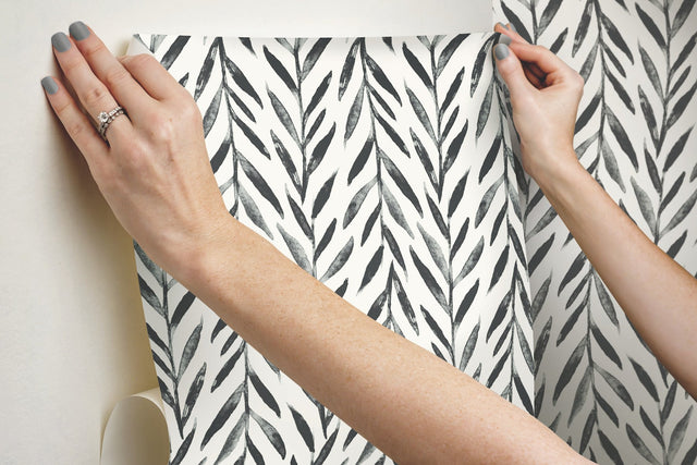 Willow Black Peel & Stick Wallpaper with Botanical Watercolor Leaf Stripe - York PSW1017RL