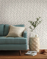 Magnolia Home Willow Grey Peel & Stick Wallpaper with Botanical Watercolor Leaf Stripe - York PSW1018RL