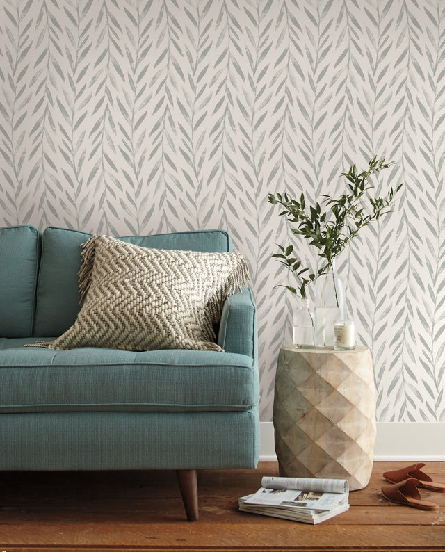 Magnolia Home Willow Grey Peel & Stick Wallpaper with Botanical Watercolor Leaf Stripe - York PSW1018RL
