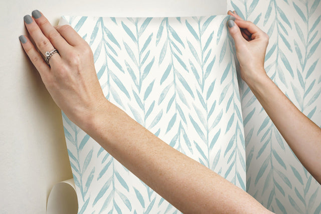 Willow Blue Peel & Stick Wallpaper with Botanical Watercolor Leaf Stripe - York PSW1019RL