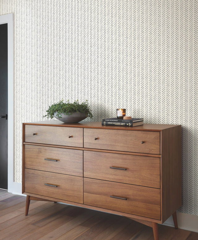 Pick-Up Sticks Black Peel & Stick Wallpaper with Herringbone Stripe - York PSW1020RL