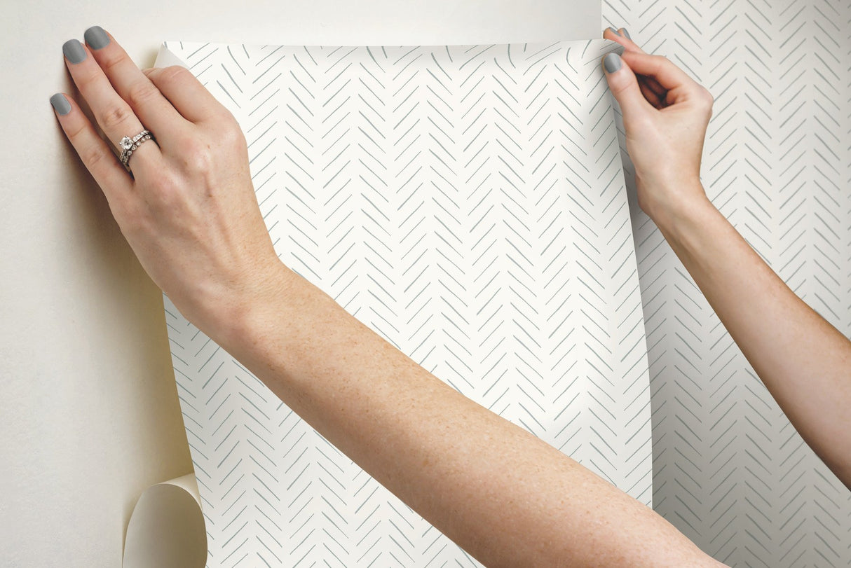 Pick-Up Sticks Blue Peel & Stick Wallpaper with Chevron Herringbone Small Print - York PSW1021RL