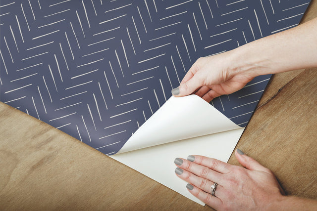 Pick-Up Sticks Blue Peel & Stick Wallpaper with Small Chevron Herringbone Stripe - York PSW1022RL
