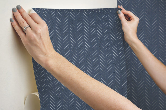 Pick-Up Sticks Blue Peel & Stick Wallpaper with Small Chevron Herringbone Stripe - York PSW1022RL