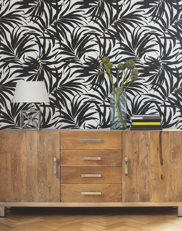Bali Leaves Black Peel & Stick Wallpaper with Bohemian Palm Leaf Pattern - York PSW1029RL