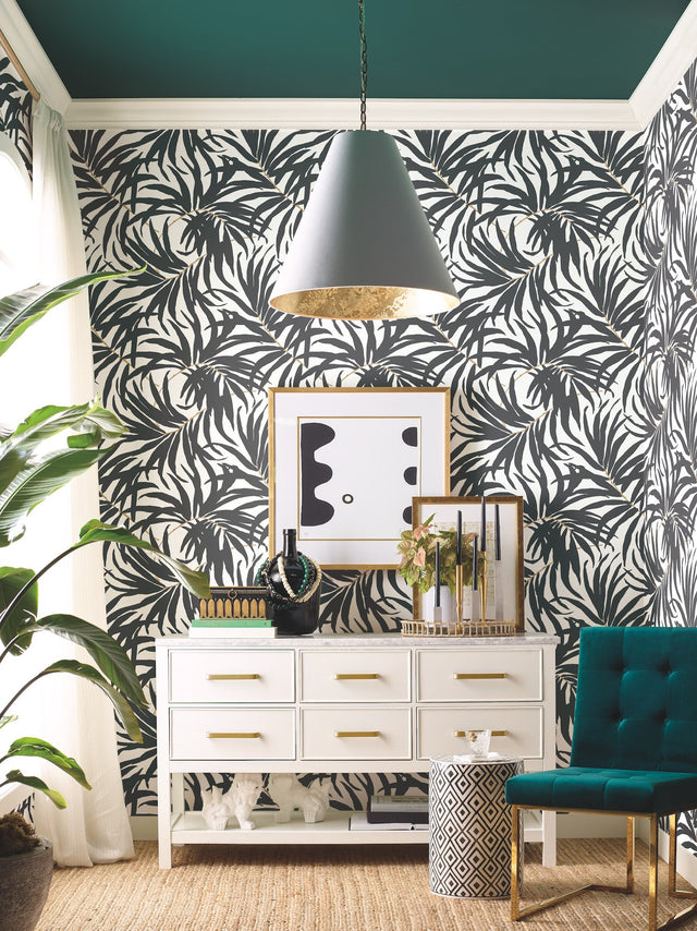 Bali Leaves Black Peel & Stick Wallpaper with Bohemian Palm Leaf Pattern - York PSW1029RL