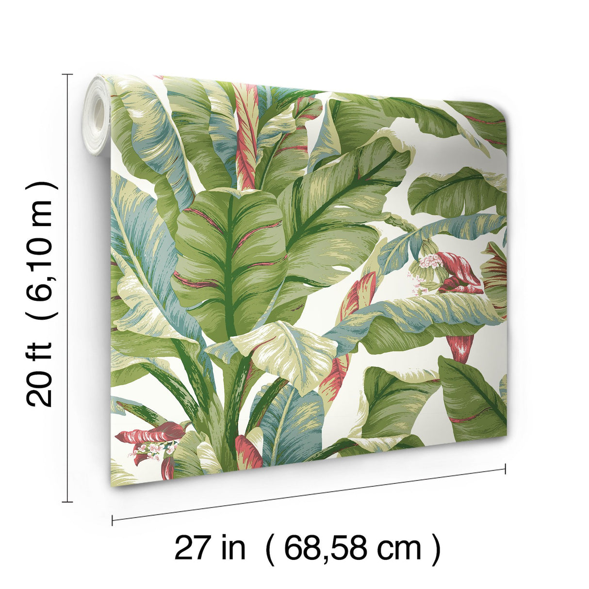 Banana Leaf White & Green Peel & Stick Wallpaper with Botanical Tropical Banana Leaf Pattern - York PSW1034RL