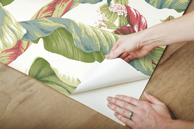 Banana Leaf White & Green Peel & Stick Wallpaper with Botanical Tropical Banana Leaf Pattern - York PSW1034RL