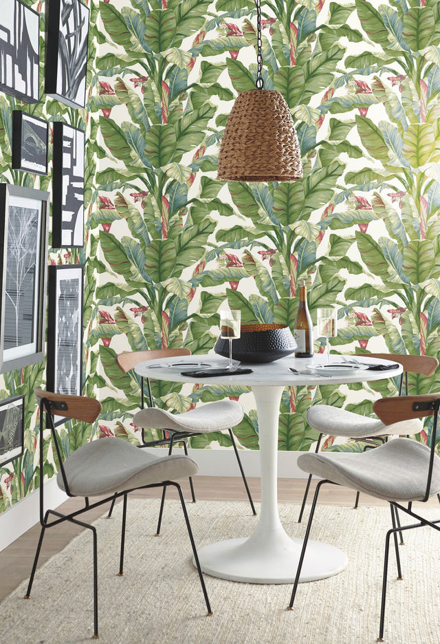 Banana Leaf White & Green Peel & Stick Wallpaper with Botanical Tropical Banana Leaf Pattern - York PSW1034RL
