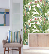 Banana Leaf White & Green Peel & Stick Wallpaper with Botanical Tropical Banana Leaf Pattern - York PSW1034RL