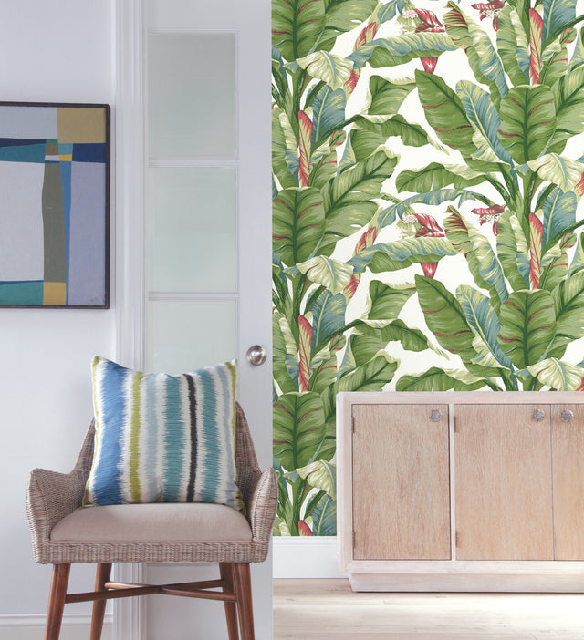 Banana Leaf White & Green Peel & Stick Wallpaper with Botanical Tropical Banana Leaf Pattern - York PSW1034RL