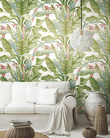 Banana Leaf White & Green Peel & Stick Wallpaper with Botanical Tropical Banana Leaf Pattern - York PSW1034RL