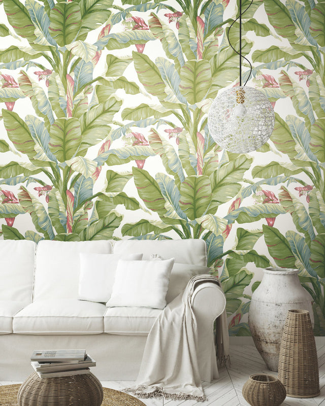 Banana Leaf White & Green Peel & Stick Wallpaper with Botanical Tropical Banana Leaf Pattern - York PSW1034RL