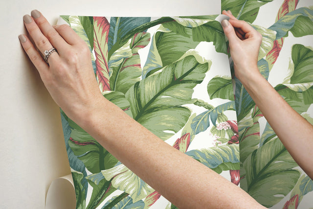 Banana Leaf White & Green Peel & Stick Wallpaper with Botanical Tropical Banana Leaf Pattern - York PSW1034RL