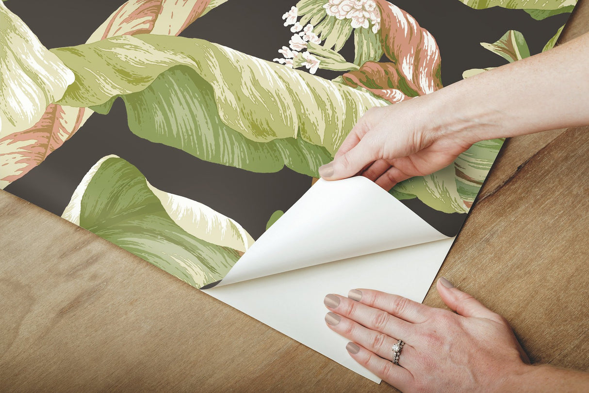 Banana Leaf Black & Green Peel & Stick Wallpaper with Botanical Tropical Motif - York PSW1035RL