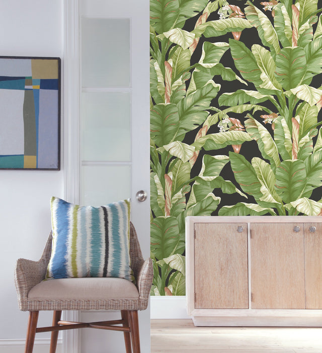 Banana Leaf Black & Green Peel & Stick Wallpaper with Botanical Tropical Motif - York PSW1035RL