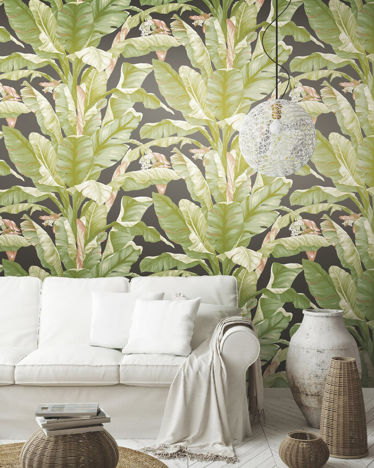 Banana Leaf Black & Green Peel & Stick Wallpaper with Botanical Tropical Motif - York PSW1035RL