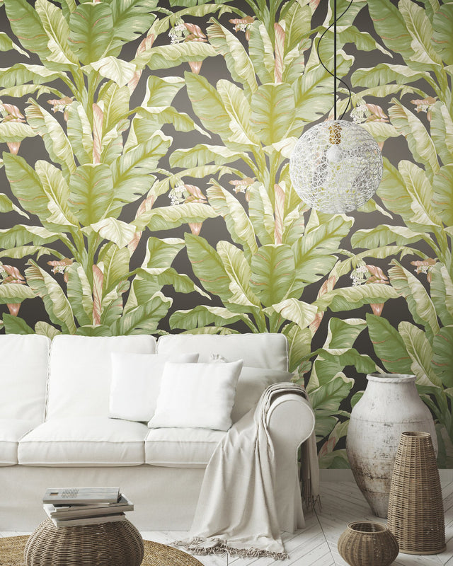 Banana Leaf Black & Green Peel & Stick Wallpaper with Botanical Tropical Motif - York PSW1035RL