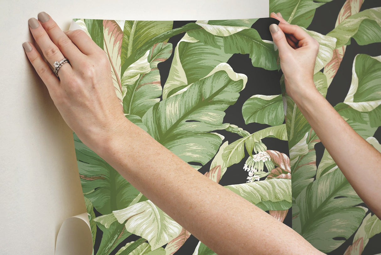 Banana Leaf Black & Green Peel & Stick Wallpaper with Botanical Tropical Motif - York PSW1035RL