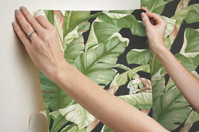 Banana Leaf Black & Green Peel & Stick Wallpaper with Botanical Tropical Motif - York PSW1035RL
