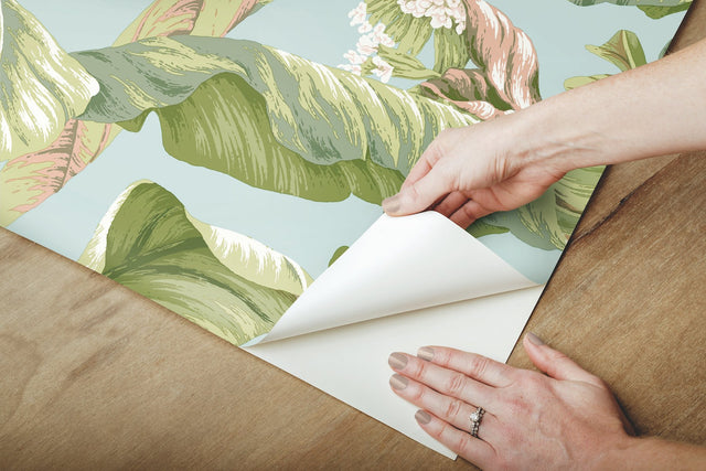 Banana Leaf Blue & Green Premium Peel & Stick Wallpaper - York PSW1036RL