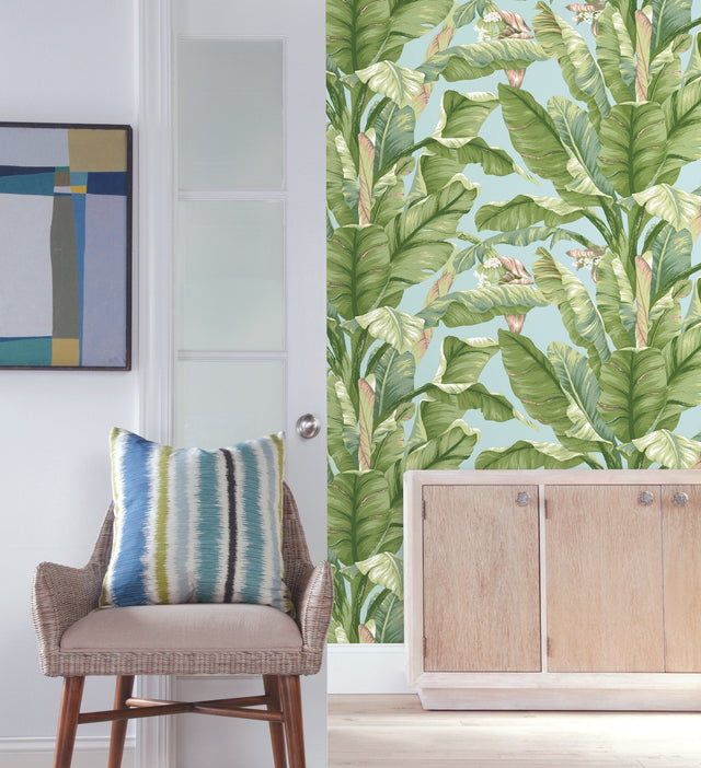 Banana Leaf Blue & Green Premium Peel & Stick Wallpaper - York PSW1036RL
