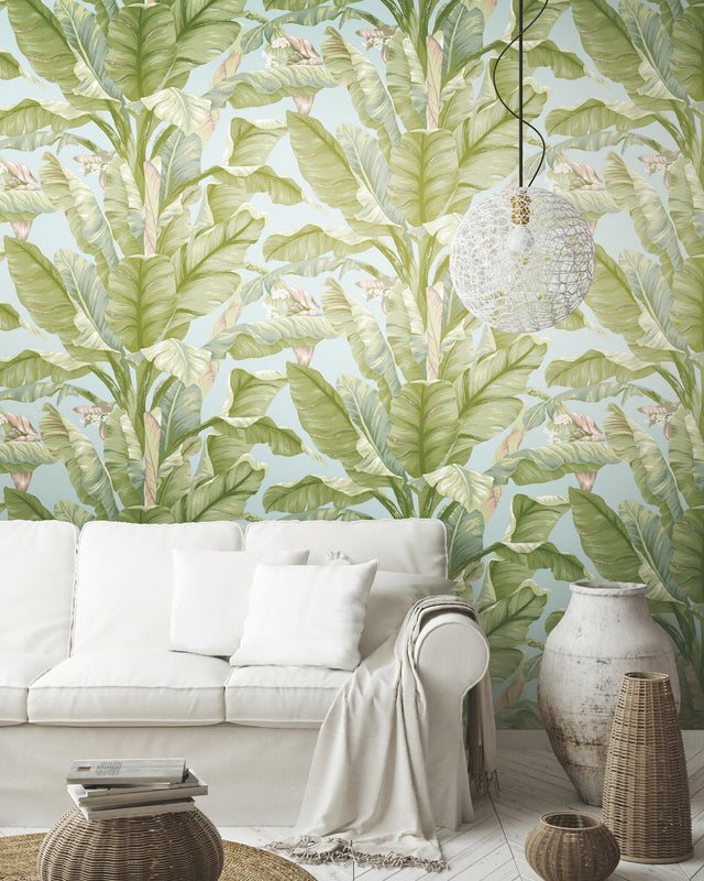 Banana Leaf Blue & Green Premium Peel & Stick Wallpaper - York PSW1036RL