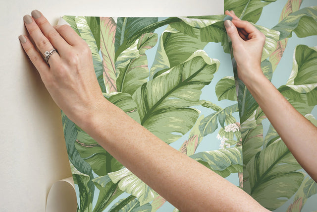 Banana Leaf Blue & Green Premium Peel & Stick Wallpaper - York PSW1036RL