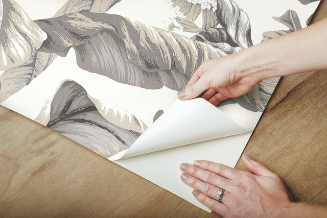 Banana Leaf White & Black Peel & Stick Wallpaper with Botanical Tropical Motif - York PSW1037RL