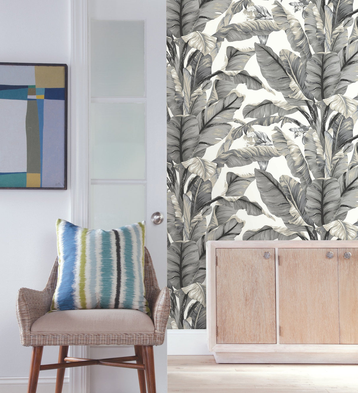 Banana Leaf White & Black Peel & Stick Wallpaper with Botanical Tropical Motif - York PSW1037RL