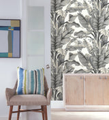 Banana Leaf White & Black Peel & Stick Wallpaper with Botanical Tropical Motif - York PSW1037RL