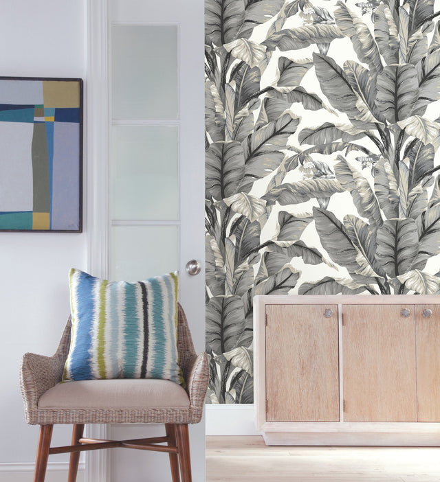 Banana Leaf White & Black Peel & Stick Wallpaper with Botanical Tropical Motif - York PSW1037RL