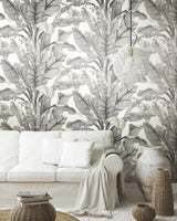 Banana Leaf White & Black Peel & Stick Wallpaper with Botanical Tropical Motif - York PSW1037RL