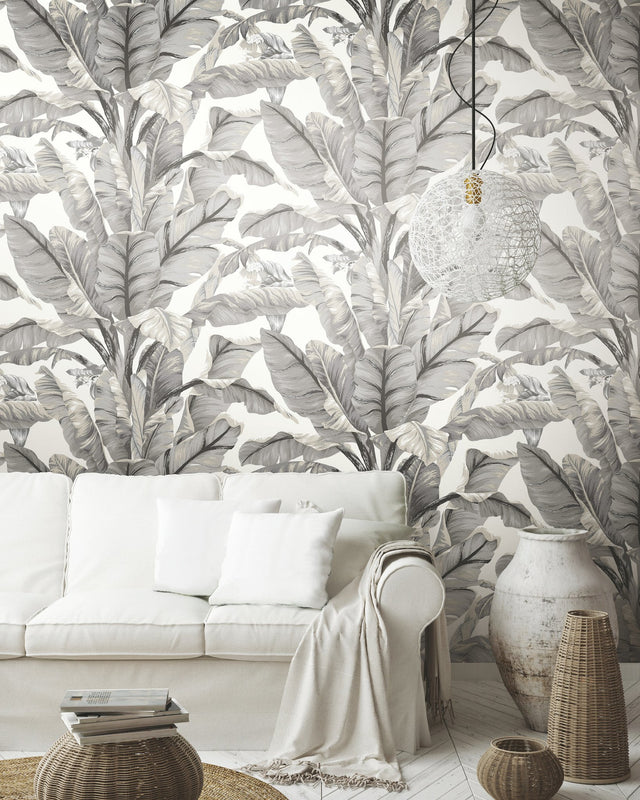 Banana Leaf White & Black Peel & Stick Wallpaper with Botanical Tropical Motif - York PSW1037RL