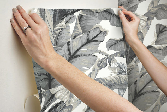 Banana Leaf White & Black Peel & Stick Wallpaper with Botanical Tropical Motif - York PSW1037RL