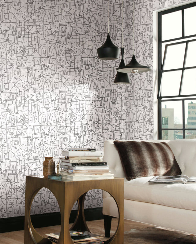Cubist Cityscape Black Premium Peel & Stick Wallpaper with Geometric City Line Art - York PSW1047RL
