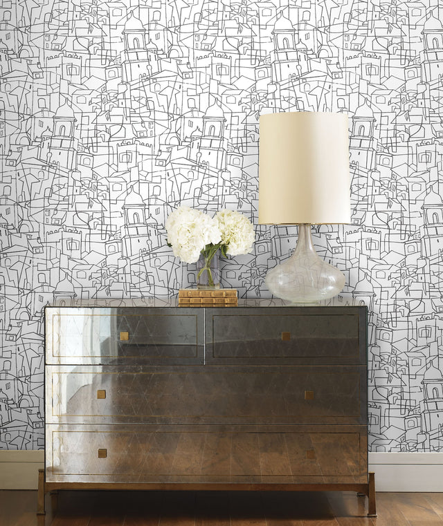 Cubist Cityscape Black Premium Peel & Stick Wallpaper with Geometric City Line Art - York PSW1047RL