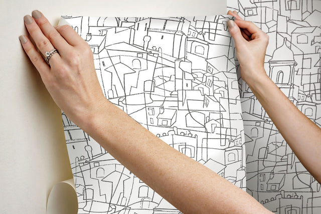 Cubist Cityscape Black Premium Peel & Stick Wallpaper with Geometric City Line Art - York PSW1047RL