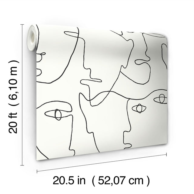 Pablo Portraits Black Peel & Stick Wallpaper with Abstract Line-Drawing Faces - York PSW1053RL