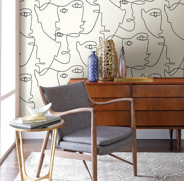Pablo Portraits Black Peel & Stick Wallpaper with Abstract Line-Drawing Faces - York PSW1053RL