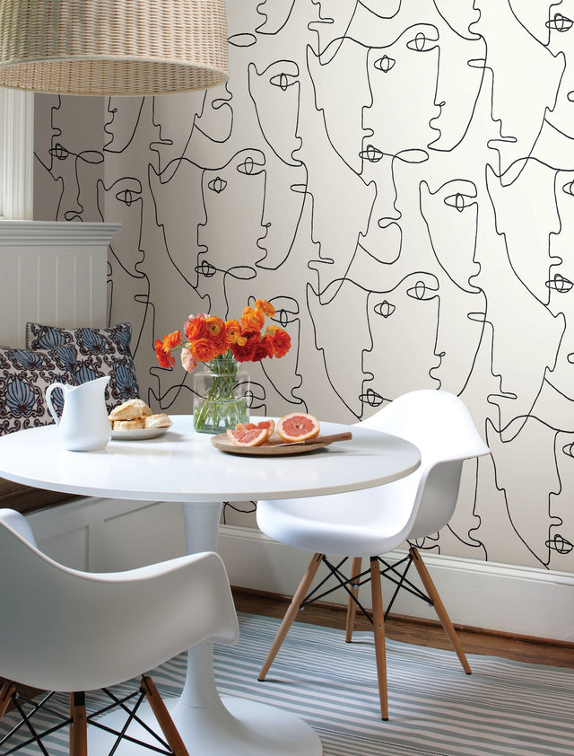 Pablo Portraits Black Peel & Stick Wallpaper with Abstract Line-Drawing Faces - York PSW1053RL